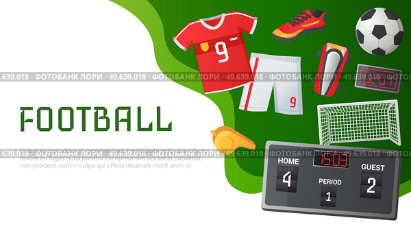 Soccer symbols set, sport football vector banner. Uniform and awards isolated on white, scoreboard and stadium, stopwatch whistle, gate ticket, ball penalty field, clothes and shoes, team championship. Soccer symbols set, sport football vector banner. Uniform and awards isolated, team championship. Стоковая иллюстрация, агентство Ingram Publishing / Фотобанк Лори