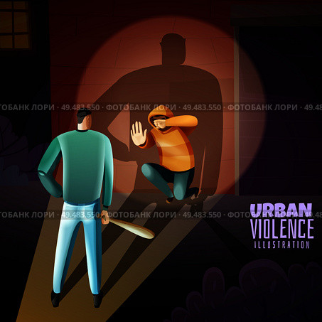 Social crime urban youth violence warning composition with criminal threatening boy with wooden baton poster vector illustration. Стоковая иллюстрация, агентство Ingram Publishing / Фотобанк Лори
