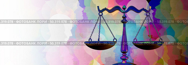 Social justice equality rights as a crowd of diverse people with a law symbol representing community legislation and  an equal right or legal lawyer icon with 3D illustration elements. Стоковое фото, агентство Ingram Publishing / Фотобанк Лори