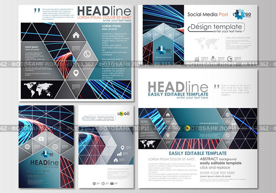 Social media posts set. Business templates. Cover design template, easy editable, abstract flat layouts in popular formats. Abstract lines background with color glowing neon streams, motion design vector. Стоковая иллюстрация, агентство Ingram Publishing / Фотобанк Лори
