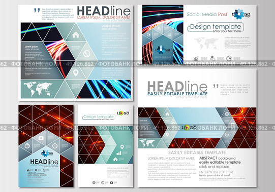 Social media posts set. Business templates. Cover design template, easy editable, abstract flat layouts in popular formats. Abstract lines background with color glowing neon streams, motion design vector. Стоковая иллюстрация, агентство Ingram Publishing / Фотобанк Лори