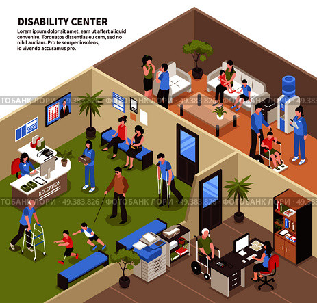 Social service disabled people composition with view of isometric office interior for people with reduced capabilities vector illustration. Social Service Centre Background. Стоковая иллюстрация, агентство Ingram Publishing / Фотобанк Лори