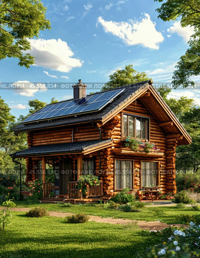 Solar battery on the roof of a private house in the countryside. Use of solar energy. Стоковое AI-изображение, AI-художник Сергей Елизарьев / Фотобанк Лори
