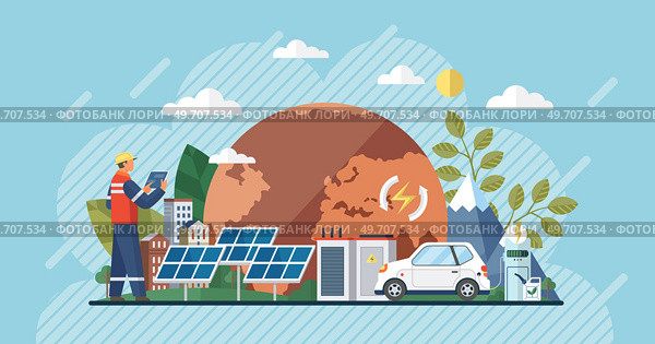 Solar panel and batteries with sun. Electric car charging on renewable smart power off-grid system. Solar panels and wind turbines or alternative sources of energy. Eco friendly, sustainable. Solar panel and batteries with sun. Electric car charging on renewable smart power off-grid system. Стоковая иллюстрация, агентство Ingram Publishing / Фотобанк Лори