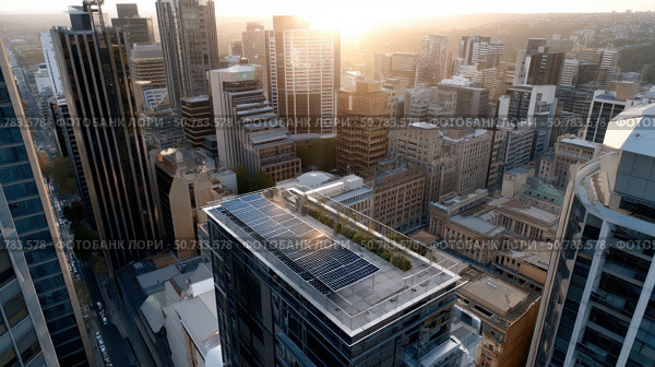 Solar panels on a modern rooftop city skyline. alternative energy source, energy saving, careful attitude to our planet Earth. Ecological energy renewable solar panel plant urban modern building landscape landmarks. Стоковое AI-изображение, AI-художник ALLA YURTAYEVA / Фотобанк Лори