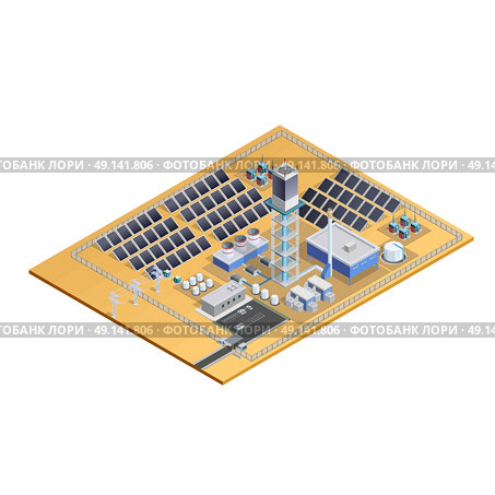 Solar Station Model Isometric Image. Model of solar station complex with mirror plates tower transformers control centre and parking isometric vector illustration. Стоковая иллюстрация, агентство Ingram Publishing / Фотобанк Лори