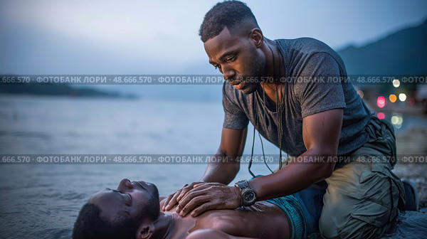 Soldier performing cpr on drowning victim at dusk on beach. Стоковое AI-изображение, AI-художник Юрий Поздников / Фотобанк Лори