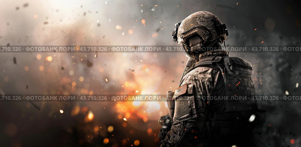 Soldier Standing Amidst Explosions. Стоковое AI-изображение, AI-художник Юлия Гапеенко / Фотобанк Лори