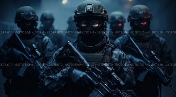 soldiers wearing masks and firearms in the dark. Стоковое AI-изображение, AI-художник Юлия Гапеенко / Фотобанк Лори