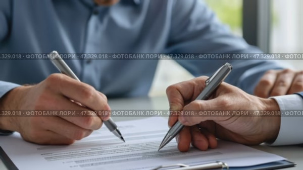 Solicitor guiding clients in reviewing an insurance contract during an office meeting in a modern workspace. Стоковое AI-видео, аниматор Sergey Grishin / Фотобанк Лори