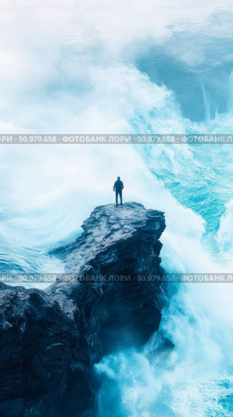 Solitary Figure on a Cliffside Amidst a Powerful Ocean Surge: A Dramatic Seascape. Стоковое AI-изображение, AI-художник Данила Большаков / Фотобанк Лори