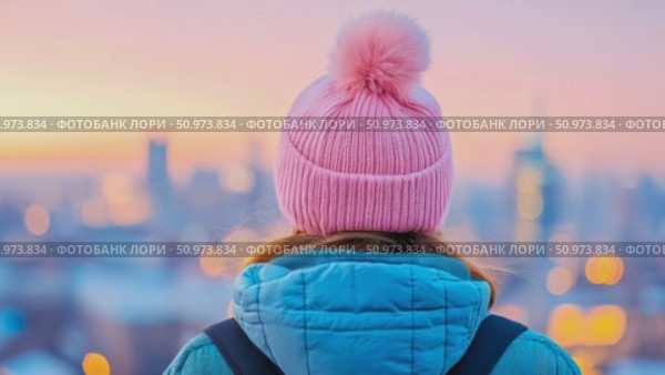 Solitary traveler, clad in a cozy pink knit hat, gazes upon the soft, blurred glow of an urban landscape at tranquil dawn. Стоковое AI-видео, аниматор Данила Большаков / Фотобанк Лори