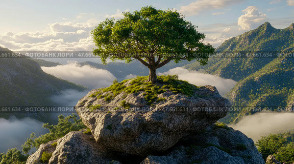 Solitary Tree on Mountaintop Rock Formation in Misty Landscape: A Breathtaking Vista. Стоковое AI-изображение, AI-художник Данила Большаков / Фотобанк Лори