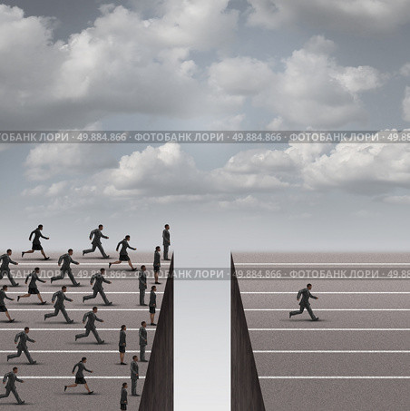 Solution leadership business concept as a group of business people running but blocked by a deep hole obstacle and one individual businessman solving the problem and proceeds to win over the competition as a success metaphor. Стоковое фото, агентство Ingram Publishing / Фотобанк Лори