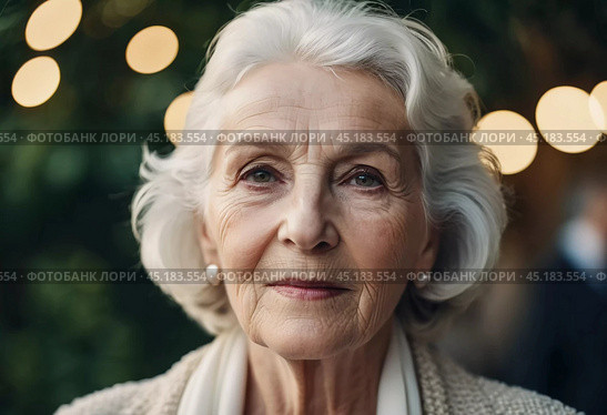 Sophisticated older French woman is in the open air. Demeanor reveals a lifetime of experiences and reflections, embodying grace and wisdom. Well-groomed woman 70 years old with grey hair. AI. Стоковое AI-изображение, AI-художник Юлия Петровская / Фотобанк Лори