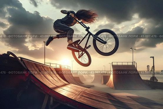 Соревнования по экстремальным видам спорта: спортсмен на велосипеде BMX выполняет трюк в прыжке в высоту. Стоковое AI-изображение, AI-художник Сергей Сергеев / Фотобанк Лори