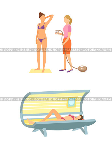 Spa salon solarium, tanning procedure by using special spray and liquids. Isolated icon of woman lying in sunroom, sunbathing process icon vector. Spa Salon Solarium Tanning Procedure Icon Vector. Стоковая иллюстрация, агентство Ingram Publishing / Фотобанк Лори