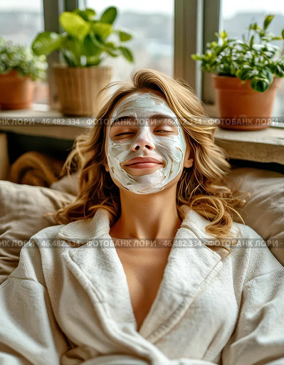 Spa treatments for the face, peeling face mask, skin care. Young woman with cream mask on her face. Close-up. Стоковое AI-изображение, AI-художник Сергей Елизарьев / Фотобанк Лори