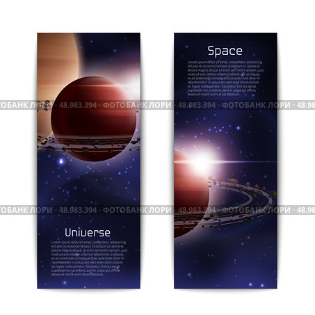 Space and universe banners vertical set with realistic planet with orbit isolated vector illustration. Стоковая иллюстрация, агентство Ingram Publishing / Фотобанк Лори
