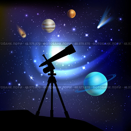 Space background with telescope planets comets and stars vector illustration. Стоковая иллюстрация, агентство Ingram Publishing / Фотобанк Лори