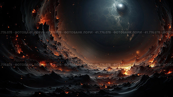 Space futuristic landscape with a black planet in the sky. Generated by AI. Стоковое AI-изображение, AI-художник Ярославский Максим / Фотобанк Лори