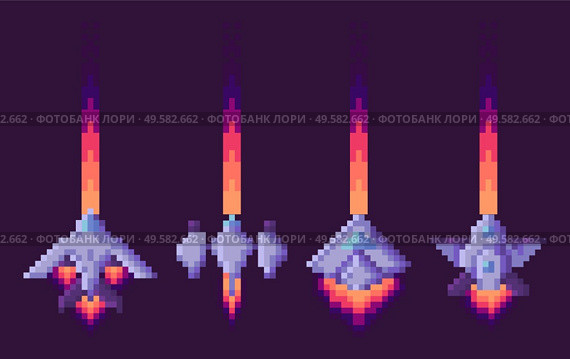Space game pixel art elements vector, isolated ships floating in sky. Spaceship launching, traces of spacecrafts with wings, strong machinery transports. Space Pixel Game, Spaceships with Traces at Sky. Стоковая иллюстрация, агентство Ingram Publishing / Фотобанк Лори