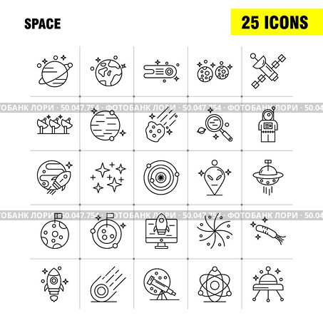 Space Line Icons Set For Infographics, Mobile UX/UI Kit And Print Design. Include: Rocket, Space, Transportation, Moon, Planet, Space, Spaceship, Telescope, Icon Set - Vector. Стоковая иллюстрация, агентство Ingram Publishing / Фотобанк Лори