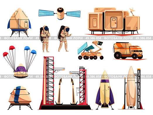 Space research technology cartoon icons collection with spacecraft launch moon rover astronauts and satellite isolated vector illustration . Space Research Technology Icons Set. Стоковая иллюстрация, агентство Ingram Publishing / Фотобанк Лори