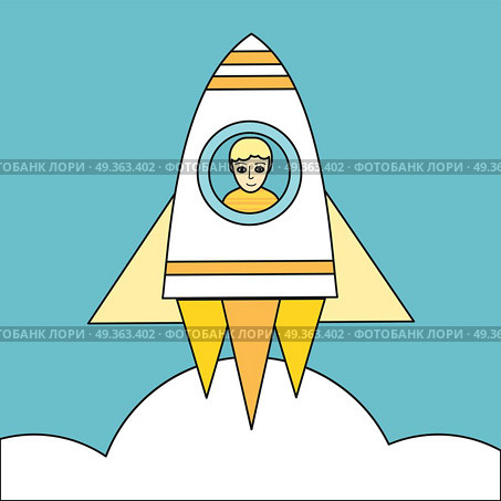 Space Rocket Launch Vector Concept in Flat Design.. Space rocket launch vector. Flat style. Man flying aboard a spaceship. Startup, project, idea realization launching, career progression concept. Illustration for web, app icons, logotype design. . Стоковая иллюстрация, агентство Ingram Publishing / Фотобанк Лори