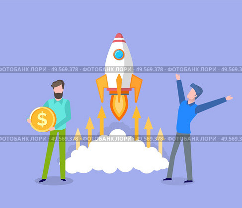 Space rocket launched by men, business startup man happy of success, male with gold coin, finance and assets of project, money capital base. Vector illustration in flat cartoon style. Startup of Business, Men Launching Rocket in Space. Стоковая иллюстрация, агентство Ingram Publishing / Фотобанк Лори