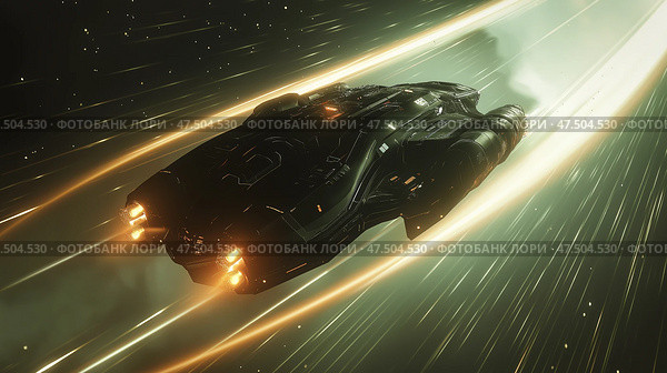 Spaceship navigating through colorful light trails in a cosmic interstellar travel. Стоковое AI-изображение, AI-художник Михаил Коханчиков / Фотобанк Лори
