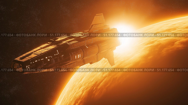 Spaceship travels near a blazing star, showcasing exploration in a distant galaxy. Стоковое AI-изображение, AI-художник Михаил Коханчиков / Фотобанк Лори