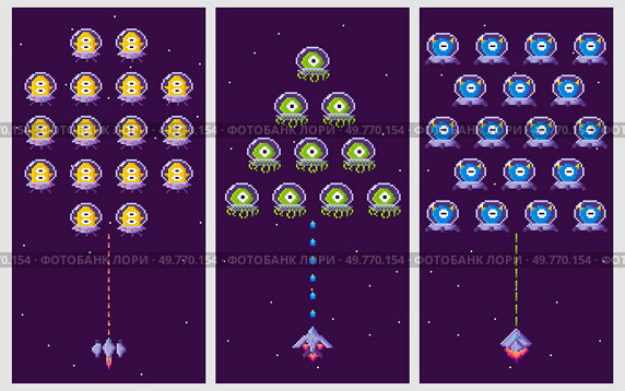 Spaceships battle alien formations in a retro video game style. Colorful pixelated graphics depict spaceships firing at rows of aliens. Ideal for gaming, retro themes, pixel art, sci-fi, classic. Retro Space Invaders Game Scene Aliens and Spaceships in Combat Formation. Стоковая иллюстрация, агентство Ingram Publishing / Фотобанк Лори