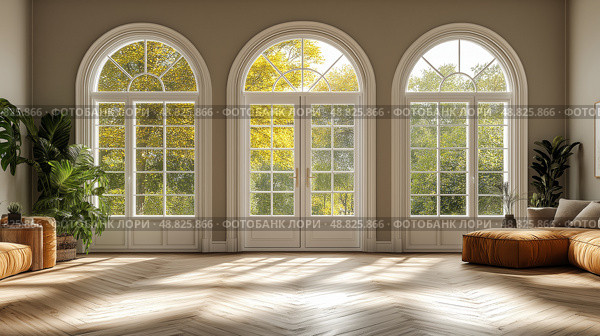 Spacious living room with elegant arches and sunlight flooding through windows. Просторная гостиная с элегантными арками и солнечным светом, проникающим через окна. Стоковое AI-изображение, AI-художник Katsiaryna Repich / Фотобанк Лори