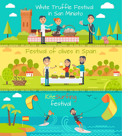 Spain Entertainment Festivals Holidays. Vector. White truffle festival in San Minato, festival of olives banner Spain, kite surfing festival banners set. Flat style design. Main Spain entertainment festivals. Holiday event. Vector illustration. Стоковая иллюстрация, агентство Ingram Publishing / Фотобанк Лори