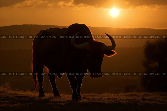 Spanish toro bull on field with scenic sunset view. Generate ai. Стоковое AI-изображение, AI-художник Иван Рябоконь / Фотобанк Лори