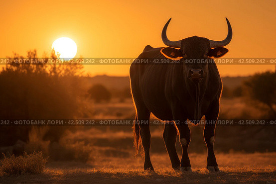 Spanish toro bull on sunset view. Generate ai. Стоковое AI-изображение, AI-художник Иван Рябоконь / Фотобанк Лори