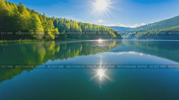 Sparkling lake reflecting lush green forest and sun. Стоковое AI-видео, аниматор Юрий Поздников / Фотобанк Лори