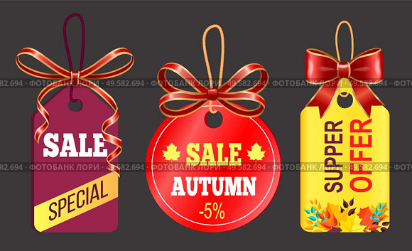 Special autumn sale and super offer for shopping. Round label and two rectangle tags with promotion caption to inform about clearance. Bow and tape to decor advertising label. Vector illustration. Special Autumn Sale, Super Offer, Promotion Label. Стоковая иллюстрация, агентство Ingram Publishing / Фотобанк Лори