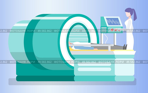 Special device for mri vector, isolated assistant doctor with patient. Magnetic resonance scanning, nurse with male on table, radiology in hospital. MRI Clinical Diagnostics Patient Laying on Table. Стоковая иллюстрация, агентство Ingram Publishing / Фотобанк Лори