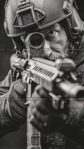 Special forces soldier wearing tactical gear, aiming high powered assault rifle with telescopic sight, displaying intense concentration and professional demeanor in monochrome visual. Стоковое AI-видео, аниматор Юрий Поздников / Фотобанк Лори