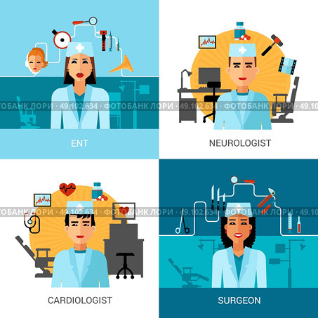 Specialist Doctors Concept Set. Specialist doctors concept set with avatar of ent surgeon cardiologist and neurologist isolated vector illustration. Стоковая иллюстрация, агентство Ingram Publishing / Фотобанк Лори