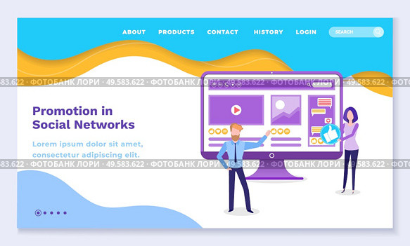 Specialists in social media promotion and advertising for business. Marketing online, skillful team with experience in blogging. Website or webpage template, landing page, vector in flat style. Promotion in Social Media, Advertising Online. Стоковая иллюстрация, агентство Ingram Publishing / Фотобанк Лори