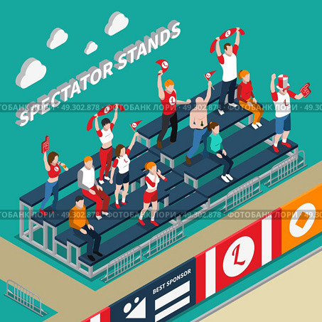 Spectator Stands With Fans Isometric Illustration. Spectator stands with excited fans with white red accessories during sporting event isometric vector illustration  . Стоковая иллюстрация, агентство Ingram Publishing / Фотобанк Лори