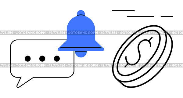 Speech bubble with ellipsis, blue ring bell, coin with dollar symbol, and motion lines. Ideal for banking alerts, financial updates, business communication, notifications, customer service, digital. Notification Bell, Chat Bubble, and Dollar Coin - Communication and Financial Alert Symbols. Стоковая иллюстрация, агентство Ingram Publishing / Фотобанк Лори