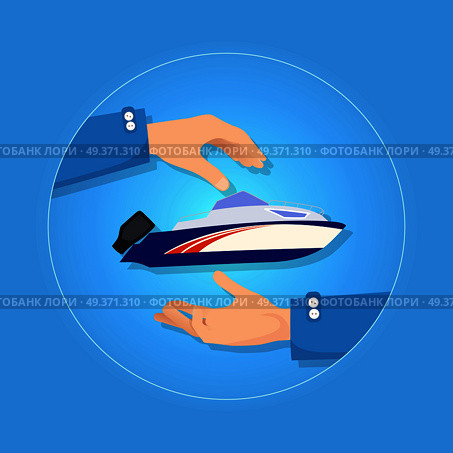 Speed motorboat on blue vector illustration. Black outboard motor installed on rear hull high and white. Two hands present new kind of ship icon in circle. Insurance concept to take care in flat style. Blue and Orange Speed Motorboat on Blue Background. Стоковая иллюстрация, агентство Ingram Publishing / Фотобанк Лори