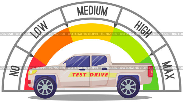 Speedometer and test drive. Trip by car to assess driving performance and general consumer properties. Tachometer with arrow. Speedo with scales and pointers for measurement of speed and kilometers. Speedometer and test drive. Trip by car to assess driving performance, general consumer properties. Стоковая иллюстрация, агентство Ingram Publishing / Фотобанк Лори