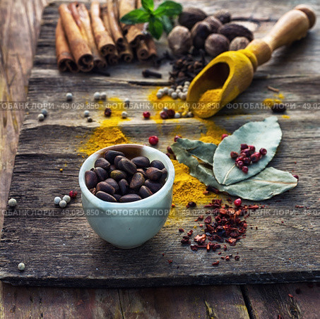 spicy food. Set of different spices on the old wooden table.Photo rustic. Стоковое фото, агентство Ingram Publishing / Фотобанк Лори