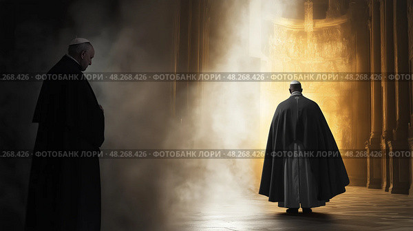 Split scene of old Pope walking into light and silhouette of new Pope emerging. Сцена с изображением старого Папы, идущего на свет, и силуэта нового Папы, появляющегося на свет. Стоковое AI-изображение, AI-художник Katsiaryna Repich / Фотобанк Лори