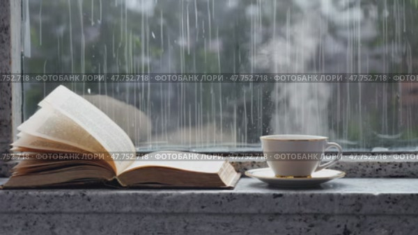 Спокойная сцена чтения в дождливый день с открытой книгой и чашкой чая у окна. Стоковое AI-видео, аниматор ФотоИнтеллект / Фотобанк Лори